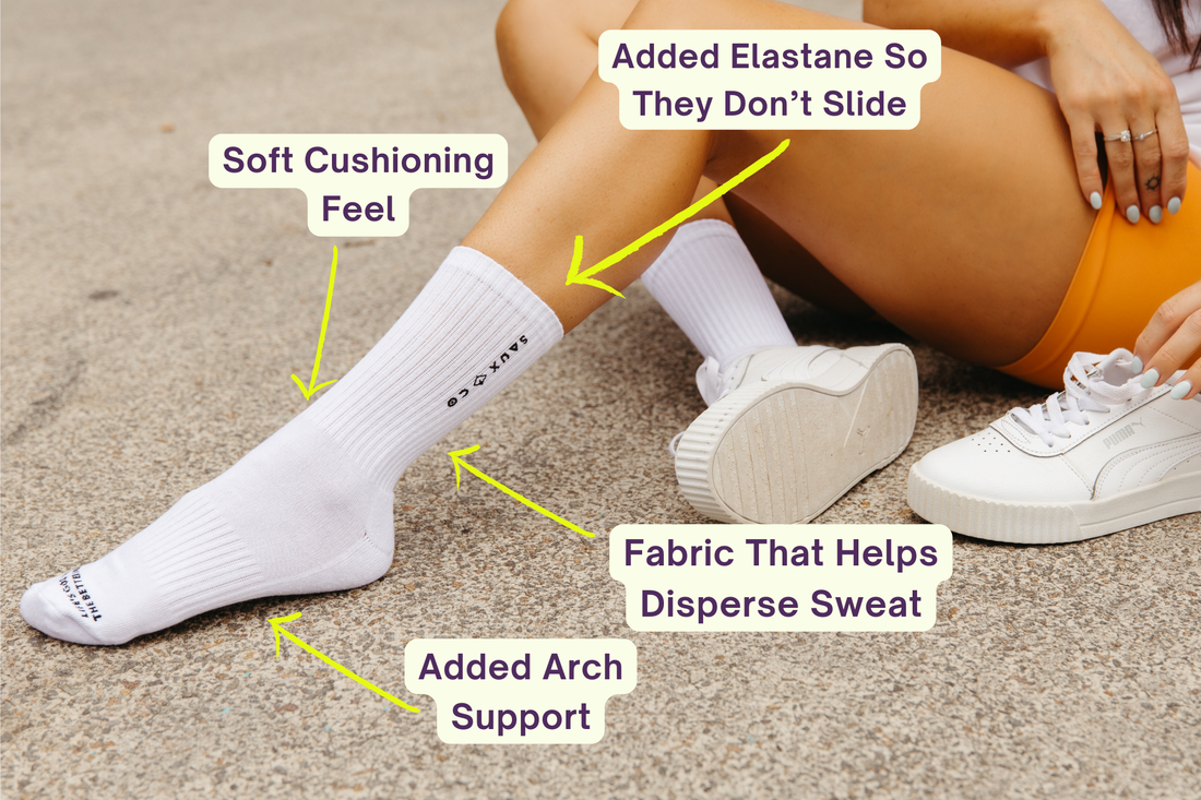 White Socks on foot with descriptive txt showing the key points of the sock structure