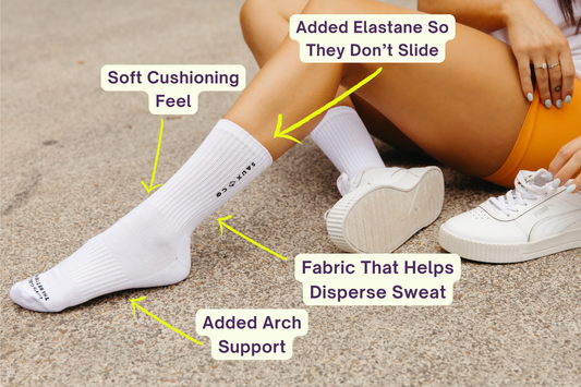 White Socks on foot with descriptive txt showing the key points of the sock structure